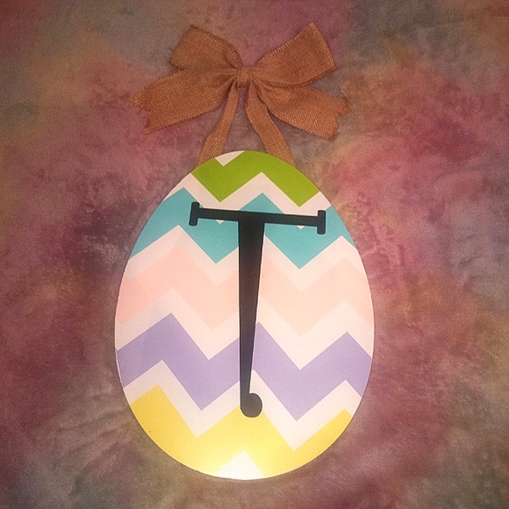 T Initial Monogram Pastel Chevron Easter Egg Door Hanger Sign